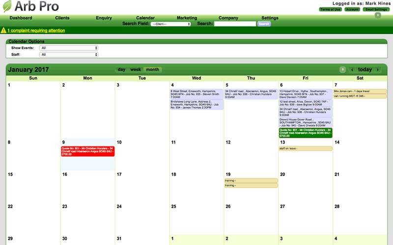 Trades Pro calendar screen